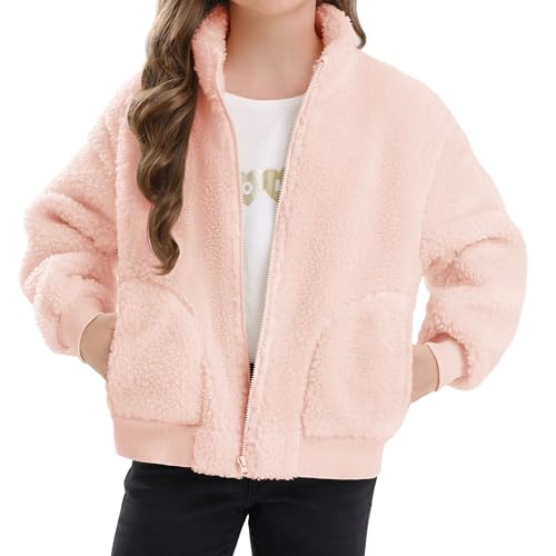 Image of Stelle Girls Sherpa Jacket Fall Fleece Coat Full Zip Winter Fuzzy Outerwear with Pockets for 8-9 Years(Pearl Pink, M)