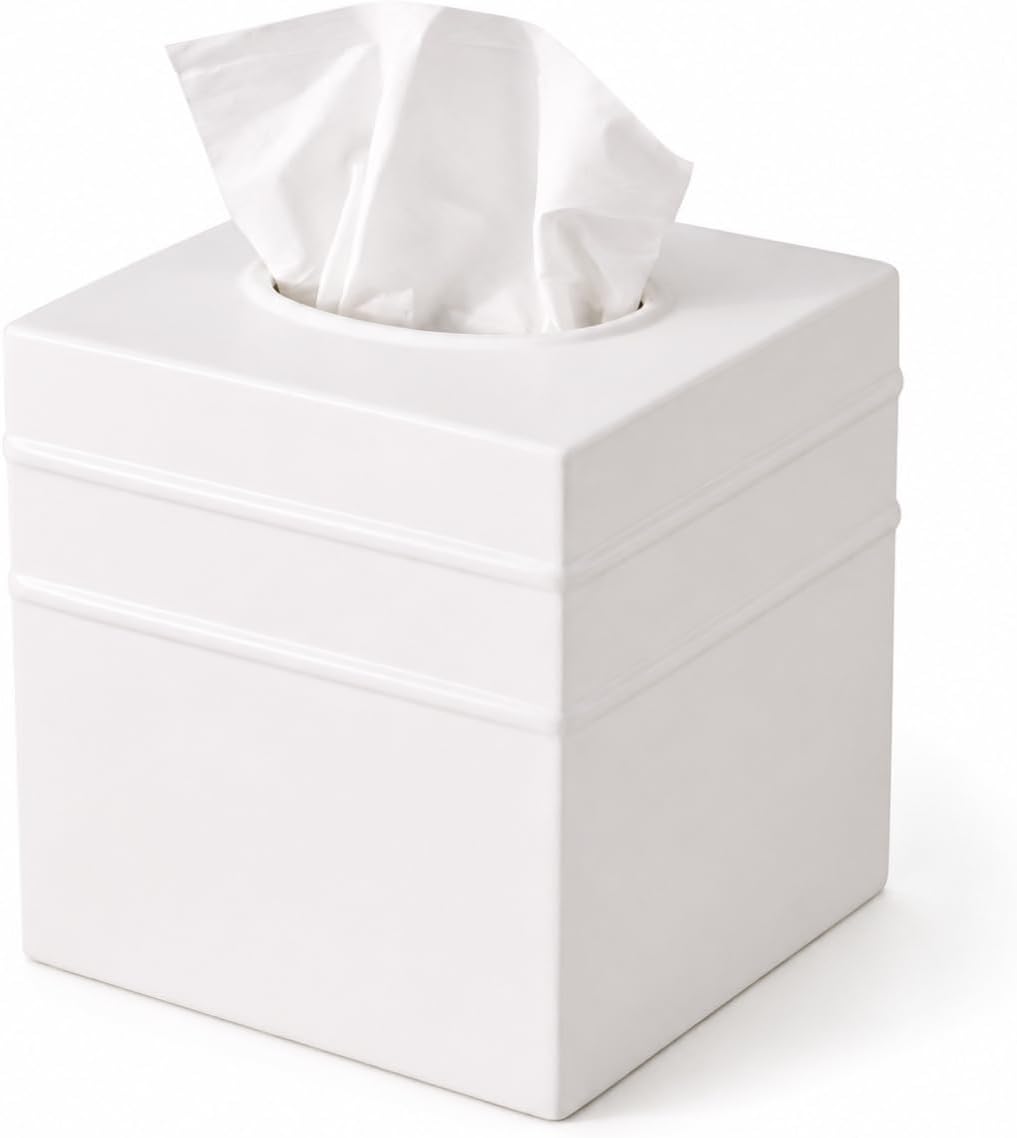 Monarch Abode Tissue Box Cover Square – Handcrafted Border Embossed White Metal Tissue Holder Box for Bathroom Accessory, Aesthetic Decorative Facial Napkin Cube for Modern Home Decor