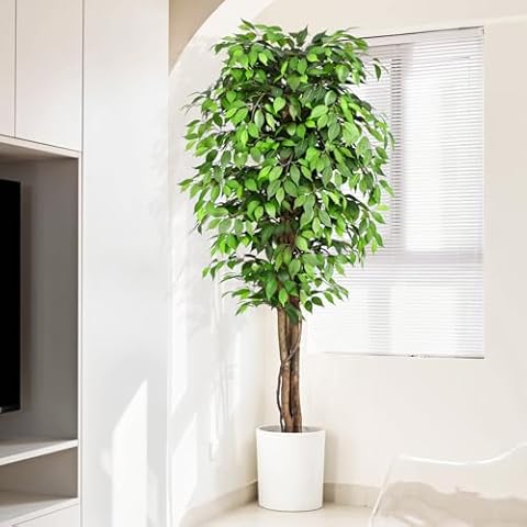 Keeplush 7ft Large Ficus Artificial Trees with Natural Curved Trunks, 84" Tall Lush Faux Tree for Home Decor Indoor, Green Lifelike Fake Ficus Tree Artificial Plants in Pot Cover