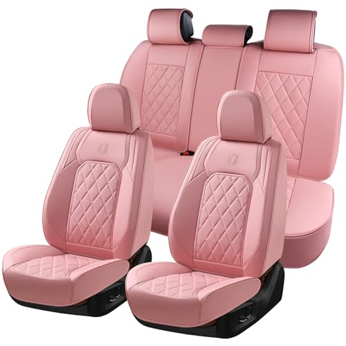 Coverado Car Seat Covers Full Set Pink Leather Seat Covers for Cars Universal Waterproof Car Seat Cover Luxury Front and Back Car Seat Protector Automotive Seat Covers Fit for Most Cars Pink
