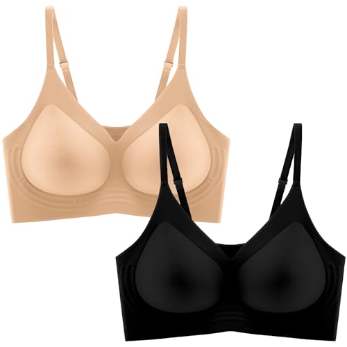 Image of PRETTYWELL Comfortable Bras, Seamless Wire Free Everyday Bras for A to D Cups, V Neck Soft and Light Basic Bras for Women