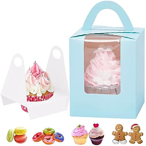 GUIFIER 30 Pack individual Cupcake Boxes, Single Cupcake Carrier with Inserts, Paper Bakery Boxes, Cake Gift Boxes with Window, Pastry Boxes with Handle Treat Boxes for Cookies, Desserts Pie (Blue) Cover