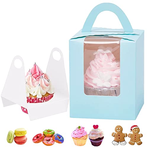 GUIFIER 30 Stück Cupcake Box 1er mit Griff, Kraftpapier Cupcake Boxen Einzeln Kuchen Box Karton Muffin Box, Bäckerei Boxen mit Fenster, Tortenschachtel Cupcake Geschenkbox für Gebäck Desserts (Blau) Cover