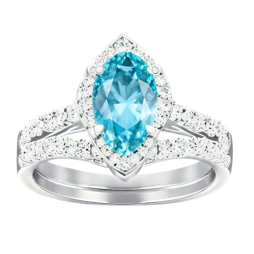 Lab Grown Diamond Engagement Ring Sets for Women Wedding 14K White Gold Rose Yellow Rings Marquise Aquamarine 1 3 Carat Personalized 10K 18K Free Engraving IGI Certified D Color VVS Clarity