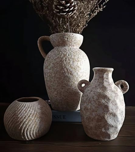 Medieval Minimalist Romantic Style Vase Set of 3，Ceramic Flower Vases Decor for Home Table Shelf Living Room Bed Room Kitchen Office Gift-Beige