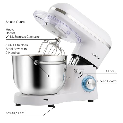 Image of Aucma Stand Mixer,6.5-QT 660W 6-Speed Tilt-Head Food Mixer, Kitchen Electric Mixer with Dough Hook, Wire Whip & Beater (White, 6.5QT)