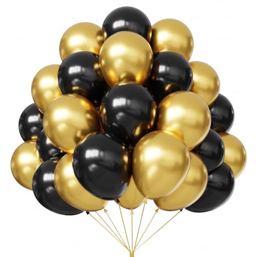 YMSZ Lot de 67 ballons noirs et dorés de 30,5 cm, métallisés dorés et noirs, pour anniversaire, retraite, remise de diplôme, décorations de fête du...
