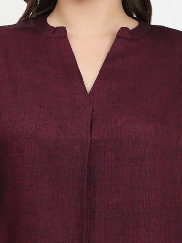 Image of SINDOORI Relaxed Fit Tops for Women Plus Size Solid Printed Mandarin Collar, Band Collar, V-Neck Top, Half Sleeve Loose Fit