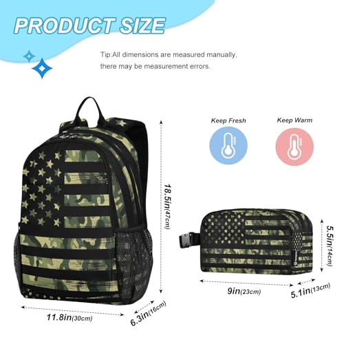 American Flag with Green Camo Backpack Set for Kids Girls Boys Elementary Middle School Bags with Lunch Bag2