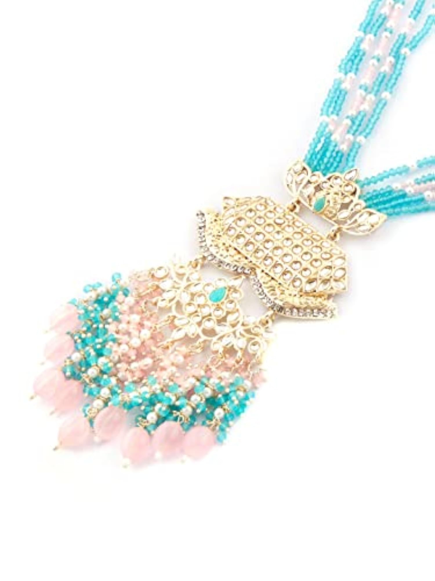 Women's Multistrand Beads Cluster Drop Kundan Necklace & Earring Set