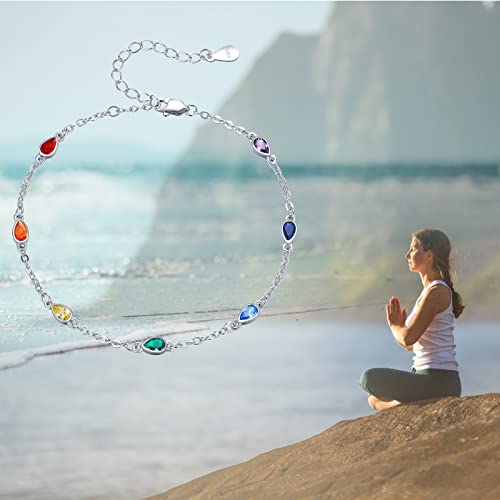 MEDWISE Chakra Choker Necklace Sterling Silver 7 Chakra Summer Beach Choker Necklace Jewelry Birthday Christmas Gifts for Women Wife Girlfriend,13+3 inches2