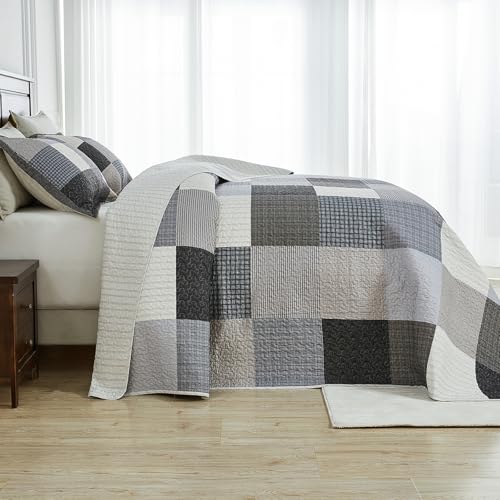 Bedduvit Oversized King Bedspreads 120"x120", 100% Cotton Modern Patchwork Plaid Extra Wide Quilts Bedding Set, Lightweight Quilt King Size, Farmhouse Coverlets Bed Spread, 3pcs, Gray/Beige/Black - image 3