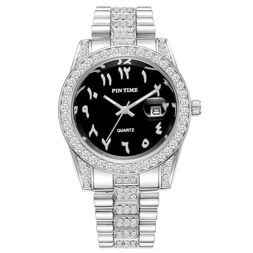 PINTIME Luxury Stainless Steel Wristwatch &ndash; Arabic Numerals Watch for Men with Iced - Out Diamond...