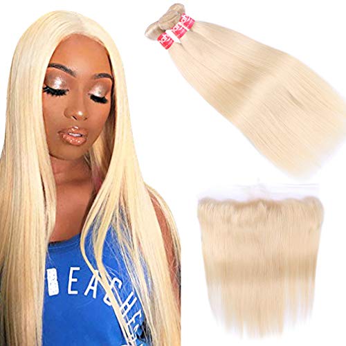 Haha 613 Blonde Bundles with Frontal Brazilian Straight Hair 3 Bundles with Frontal Closure Platinum Blonde Human Hair Bundles with 13x4 Lace Frontal (20 22 24+18 Inch, 613 Hair)