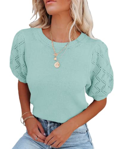Image of Womens Short Sleeve Sweaters Crewneck Knit Pullover Tops 2025 Summer Casual Lightweight Crochet Blouse Shirt