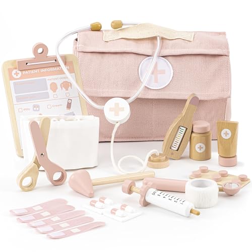 Wooden Doctor Play Set for Toddlers - A Complete Durable Pretend Play Medical Kit for Kids 3-5 with Realistic Non-Toxic Tools & Carrying Case