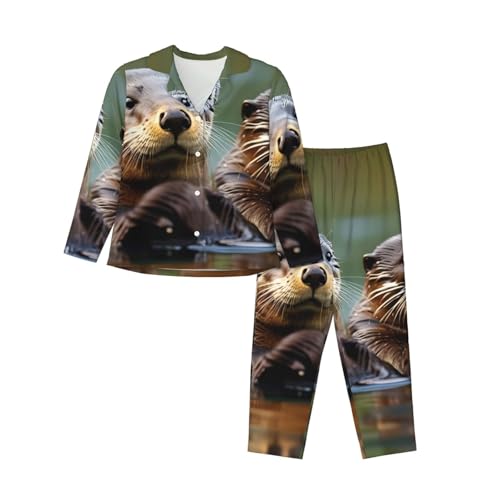 Pyjama 2 pièces loutres femme pour stopper le froid nocturne avec des manches longues