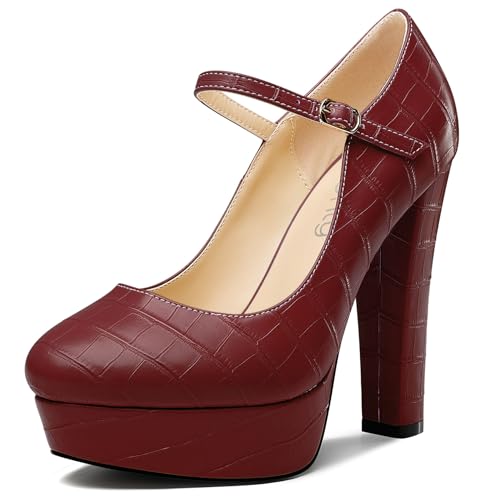 NobleOnly Womens High Block Platform Heel Close Round Toe Ankle Strap Mary Jane Buckle Dress Party Shoes 5.1 Inches Heels