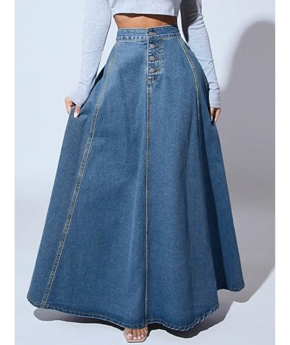 SEMATOMALA Women's A Line Retro High Waisted Long Jean Skirts Button Fly Flared Flowy Swing Denim Maxi Skirts4