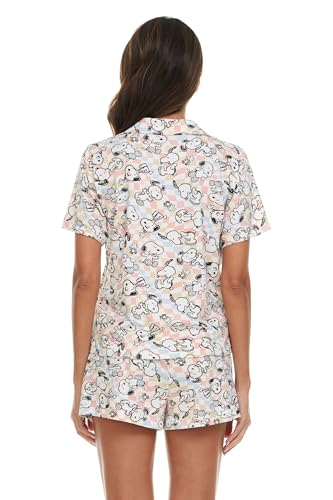 Image of COCO BRANDS Peanuts Snoopy Womens Pajama Set - 2 Piece Short Sleeve Button Down Sleep Shirt and Pajama Shorts