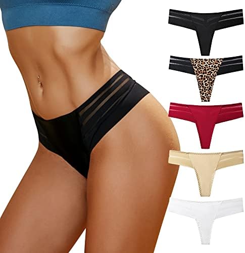 chahoo Womens Thong Underwear, Sexy Low Rise Panties Seamless G-string T Back Lace Thongs, 5-Pack No Show Thongs for Women