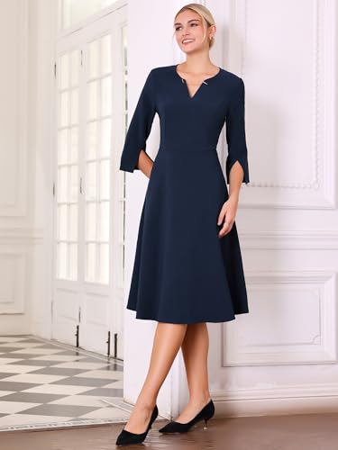 Women's A-Line Cocktail Dress 3/4 Sleeve V Neck Elegant Wedding Party Flare Dresses3