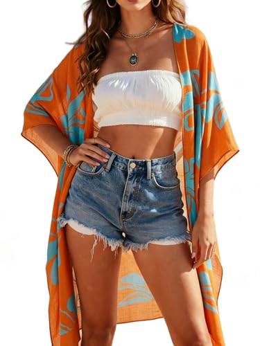 Image of Spicy Sandia Kimonos for Women Floral Beach Cover Up Loose Swimsuit Bathing Suit Coverup Cardigan for Summer Swimwear
