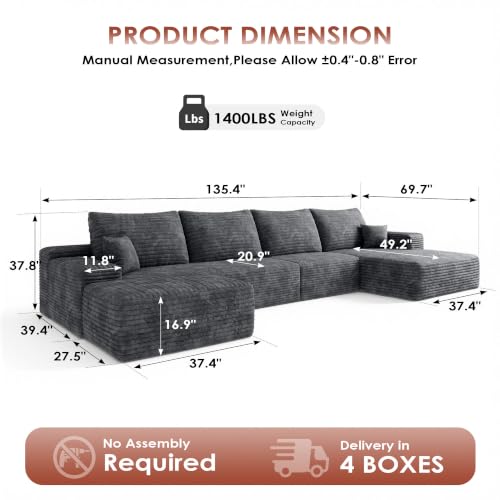 Image of Boneless Couch, Modular Sectional Couches for Living Room, U-Shaped Cloud Couch Sofa with Deep Seat, Fluffy Corduroy Upholstered Corner Sofa