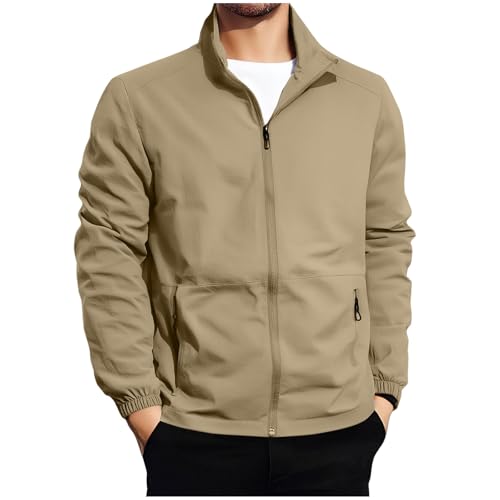Chaqueta para hombre, para deportes de otoño, al aire libre, caminar, chaqueta bomber con cremallera, casual, manga larga, talla grande, cuello alto falso, cortavientos ligera con bolsillos, caqui