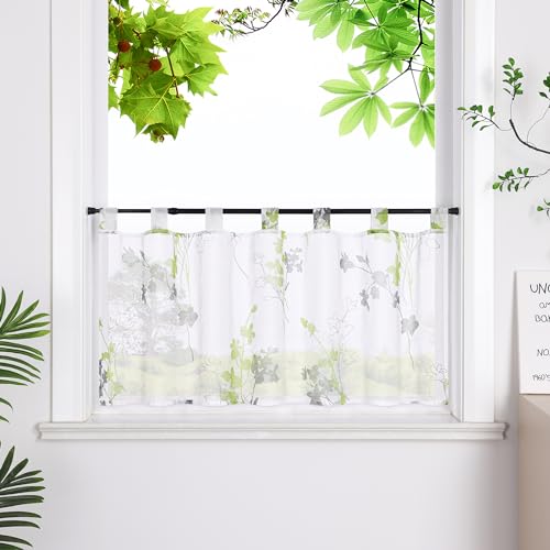 HeichkelL Scheibengardine mit Blätter Transparent Gardine Kurzstores mit Schlaufen Leinenoptik Bistrogardine Grün HxB 60x140cm