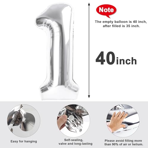 Image of 1 Balloon Numbers Birthday Decorations, 40In Silver Balloons for Men Women | Eye-catching Appearance, Perfect Decorative Centerpieces, Convenient Self-sealing Structure, Widely for Various Occasions