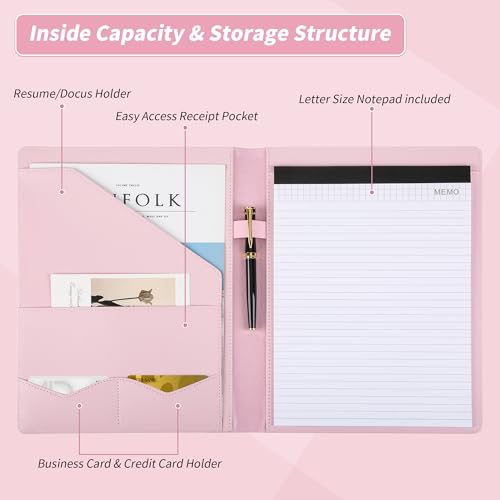 Image of Pacific Mailer Padfolio Portfolio Leather Binder, Interview Legal Document Organizer, Business Card Holder Included Letter Sized Writing Pad [Pink, Piano Noir Faux Leather Matte Finish]