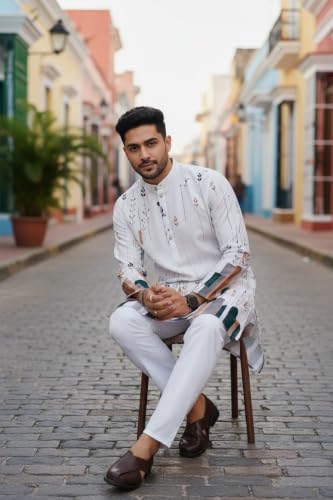Image of Trustous Men's White Printed Kurta | Stylish Ethnic Wear Kurta for Men | Regular Fit Traditional Kurta | Festive, Wedding, Party & Casual Wear