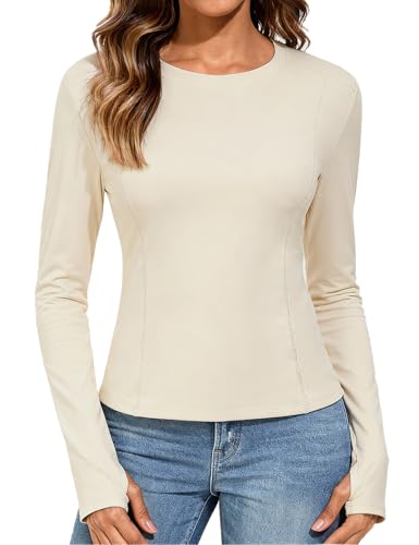Niwicee Camiseta Termica Mujer - Deporte Camiseta Termicas Camisetas Manga Larga Ropa Interior Invierno Corte Ajustado Basica Top para Running Gym Fitness(Beige,M)