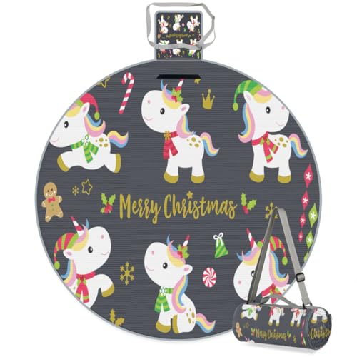 Shimoshe Cartoon Christmas Unicorn Picnic Outdoor Blanket Foldable Waterproof Sandproof Beach Blanket Portable Water-Resistant Round Picnic Mat for Travel Camping Park Lawn