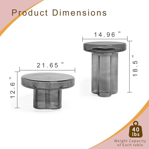 Image of Storm Glass Side Table for Living Room, Round End Table with Tempered Glass Top (Grey, 14.96)