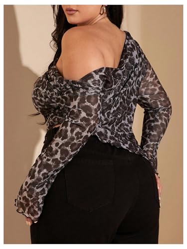 WDIRARA Women's Plus Size Leopard Print T Shirt One Shoulder Long Bell Sleeve Asymmetrical Hem Tops2