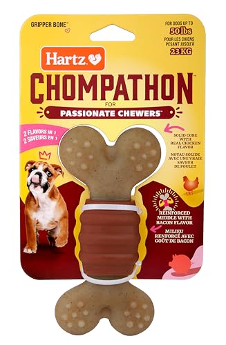 Hartz New Chompathon Gripper Bone Dog Chew Toy for Aggressive Chewers, Double Layered Flavored with Chicken & Bacon