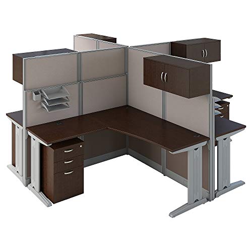 Bush Business Furniture Office in an Hour 4 Person L Shaped Cubicle Desks with Storage, Drawers, and Organizers in Mocha Cherry