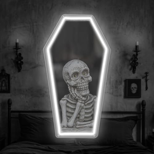 Image of Coffin Neon Sign Shaped Mirror LED Neon Sign, Gothic Bedroom Decor Neon Wall Light, Coffin Mirror Neon Wall Decor for Bedroom Vanity Salon Studio Aesthetic Room Decor 17″ x 9.44″