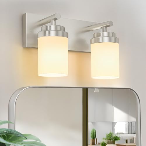 Image of IZORRO Bathroom Vanity Light Fixture, 2-Light 15 Inch Brushed Nickel Bathroom Light Fixtures Over Mirror, with White Glass Shade, Modern Farmhouse Vanity Lights, Rustic Restroom Lighting Fixtures