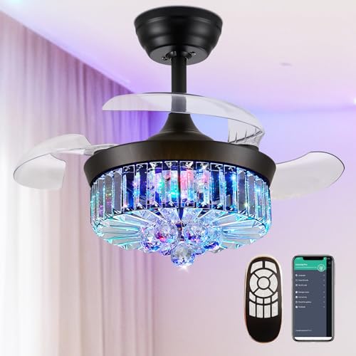 Zynfandor 30" RGB Fandelier Ceiling Fan with Light, Retractable Crystal Chandelier Fan LED Dimmable Ceiling Fan and Remote APP Control for Living Room Dining Room Bedroom Black