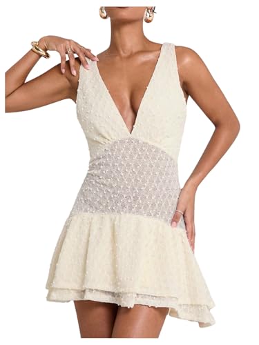 SOLY HUX Women's Summer Crochet Knit Mini Dress Deep V Neck Sleeveless Ruffle Layered A Line Vacation Party Dresses4