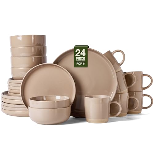 Image of Famiware Milkyway Stoneware Dinnerware Sets with Mugs, Service for 6 (24 Pieces), Plates and Bowls Sets -Scratch Resistant, Microwave and Dishwasher Safe Dishes Set, Cinnamon Brown