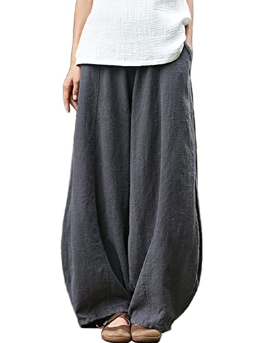 Pantalon large en lin léger femme gris foncé avec poches taille L