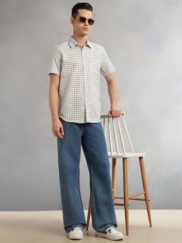 Image of Thomas Scott Men's | Checks | Half Sleeve | Slim Fit | Linen Blend | Spread Collar | Casual Shirt