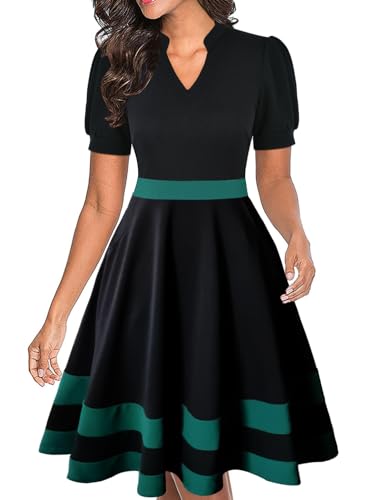 Image of Mokayee Womens Summer Short Puff Sleeve Casual Semi-Formal Fit and Flare Church Wedding Guest Work Dresses with Pockets