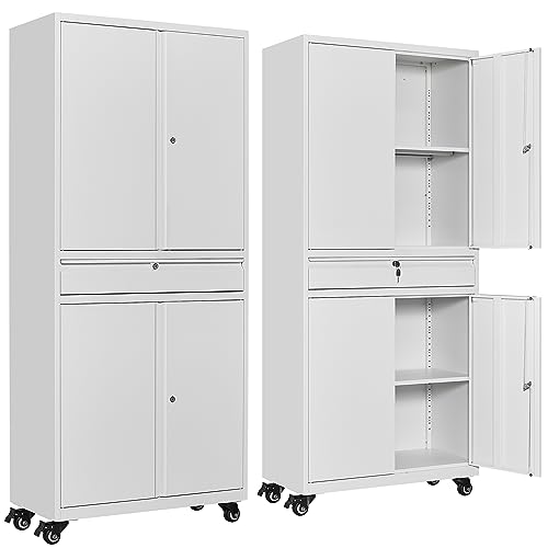 SISESOL White Metal Storage Cabinet with Wheels and Drawer,Rolling Garage Cabinet with Locking Doors and Adjustable Shelves,73" Mobile Tall Large Metal Cabinets for Home,Office,Garage,Shop