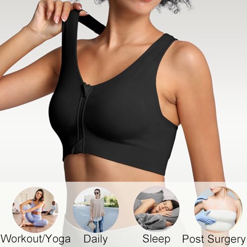 Lemef Front Zipper Sports Bras High Impack Post Op Compression Bras for Women Post Surgery Wireless Racerback Yoga Bra Black L - Image 6