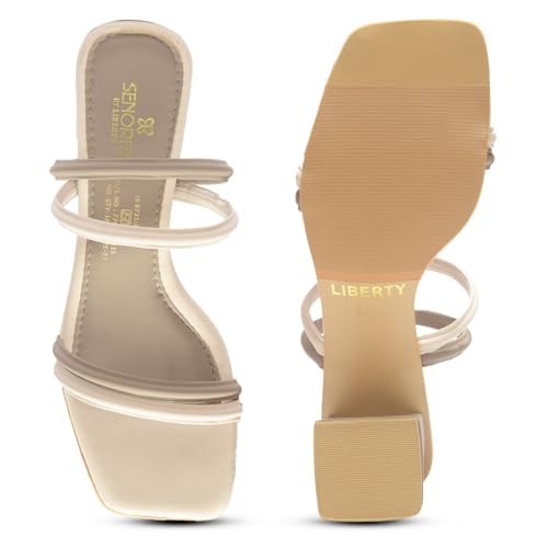 Image of Liberty Senorita STY-162E Heels for Women - Beige Block Heel Slip-On Sandals | Soft Cushioned Footbed, Lightweight Fashion Footwear for Festive, Party, Wedding, Ethnic, College